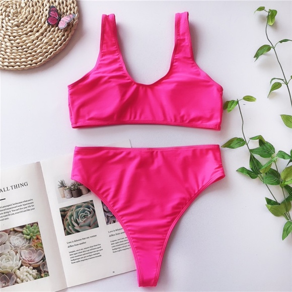 Hot Pink Fuchsia High Waist Bikini Set Swimsuit - Picture 9 of 11